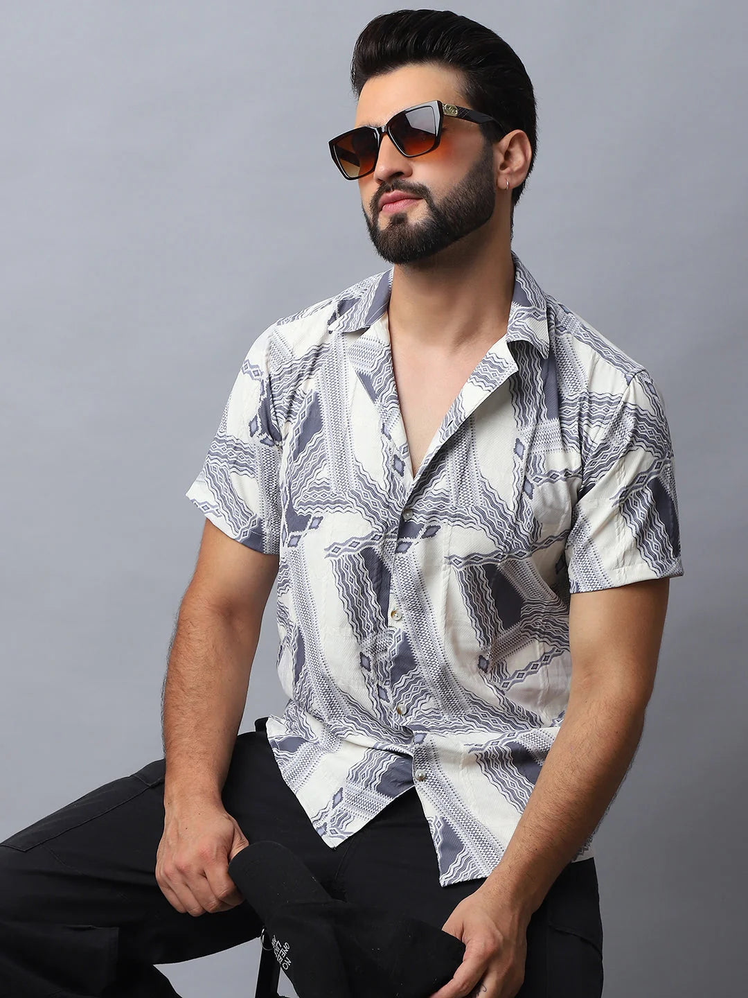 Grey Abstract Printed Mens Shirt - Casual Cotton Shirt