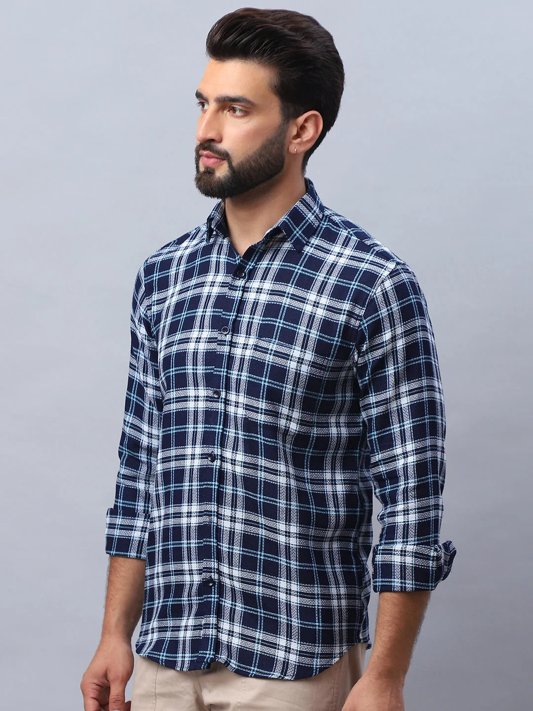 Blue Checked Cotton Shirt - Mens Casual Shirt, Long Sleeve