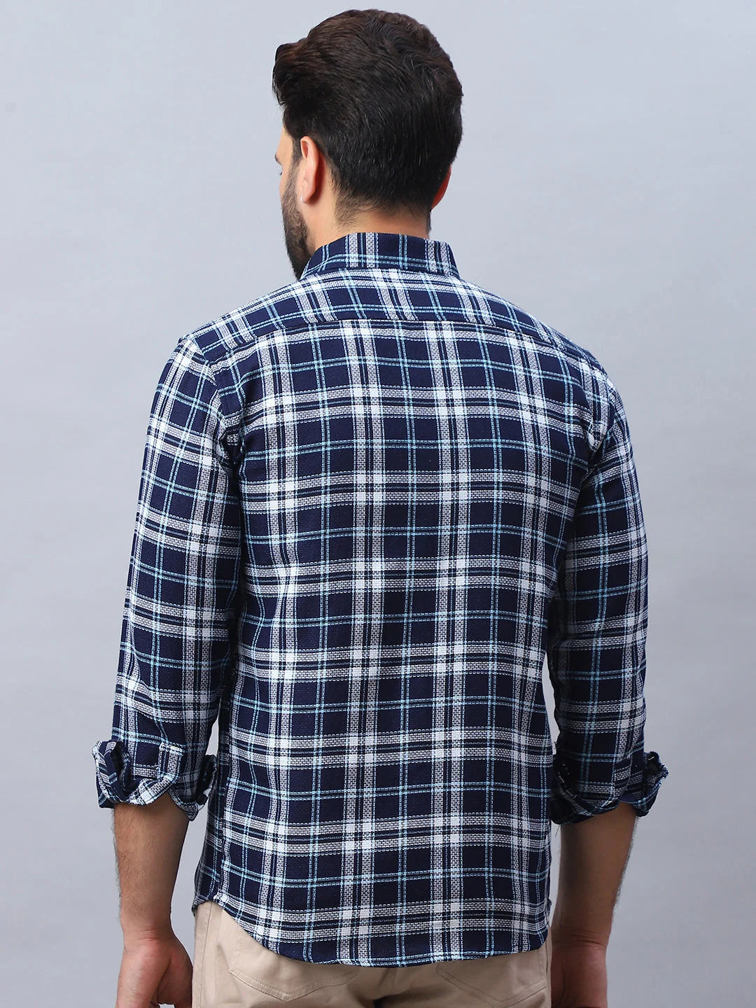 Blue Checked Cotton Shirt - Mens Casual Shirt, Long Sleeve