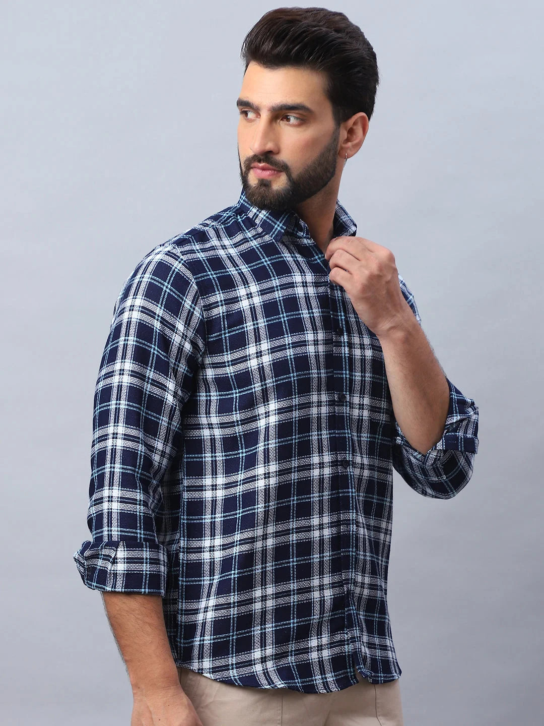 Blue Checked Cotton Shirt - Mens Casual Shirt, Long Sleeve