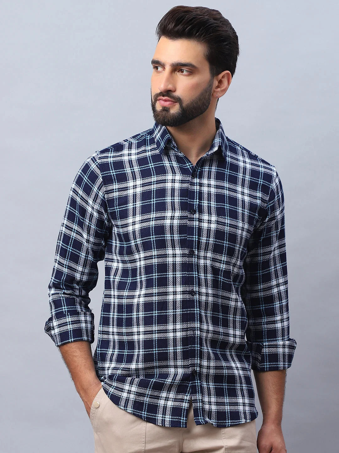 Blue Checked Cotton Shirt - Mens Casual Shirt, Long Sleeve