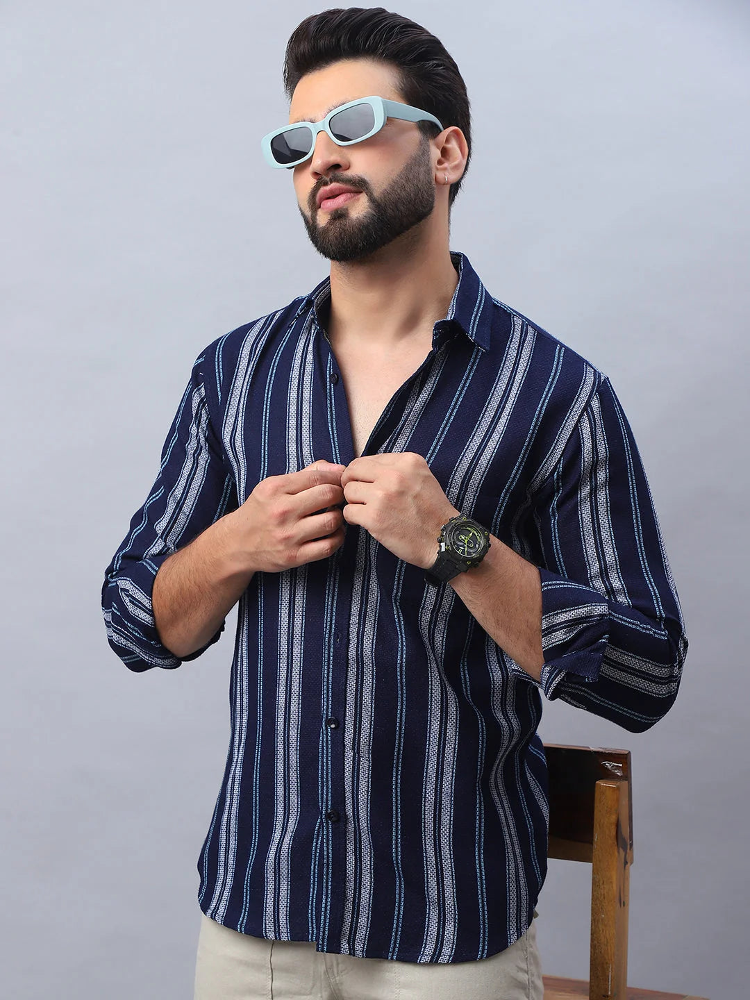 Striped Cotton Mens Shirt - Navy Casual Style, Long Sleeve