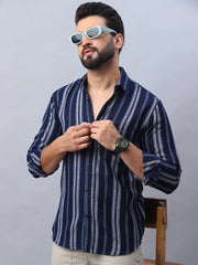 Striped Pure Cotton Casual Shirt for Men-SF-988Navy