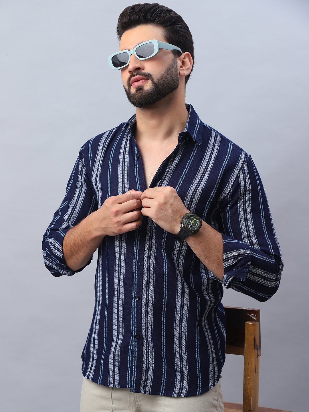 Striped Cotton Mens Shirt - Navy Casual Style, Long Sleeve