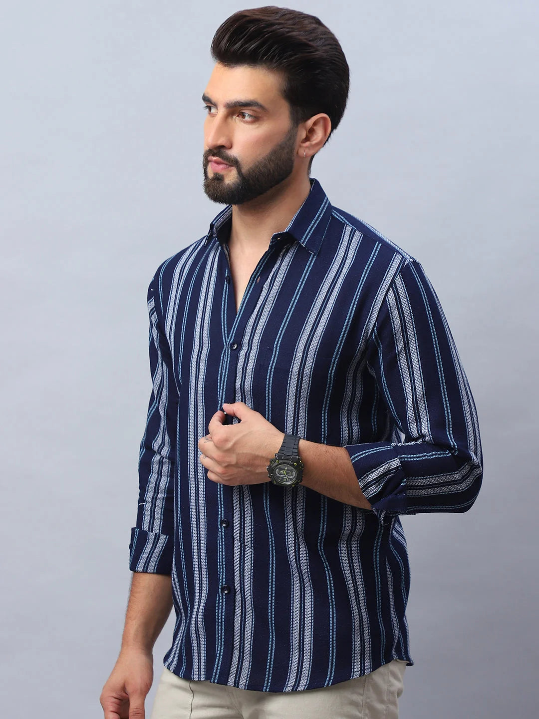 Striped Cotton Mens Shirt - Navy Casual Style, Long Sleeve