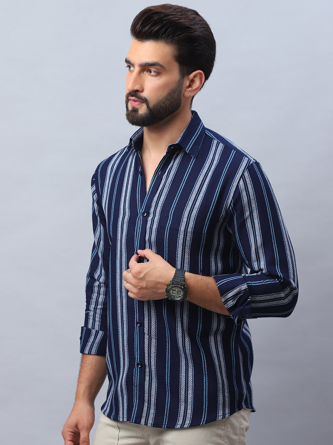 Striped Cotton Mens Shirt - Navy Casual Style, Long Sleeve