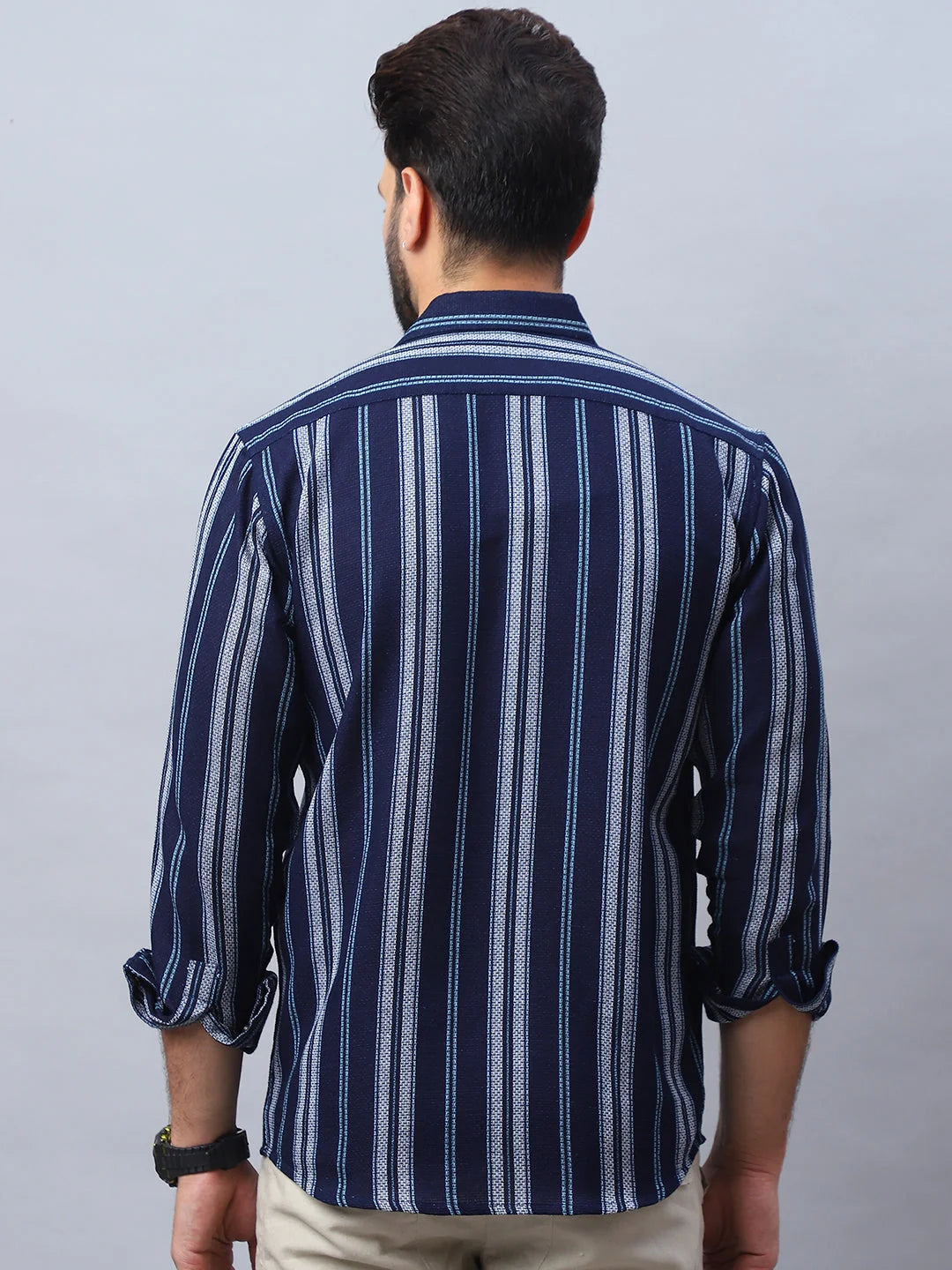 Striped Cotton Mens Shirt - Navy Casual Style, Long Sleeve