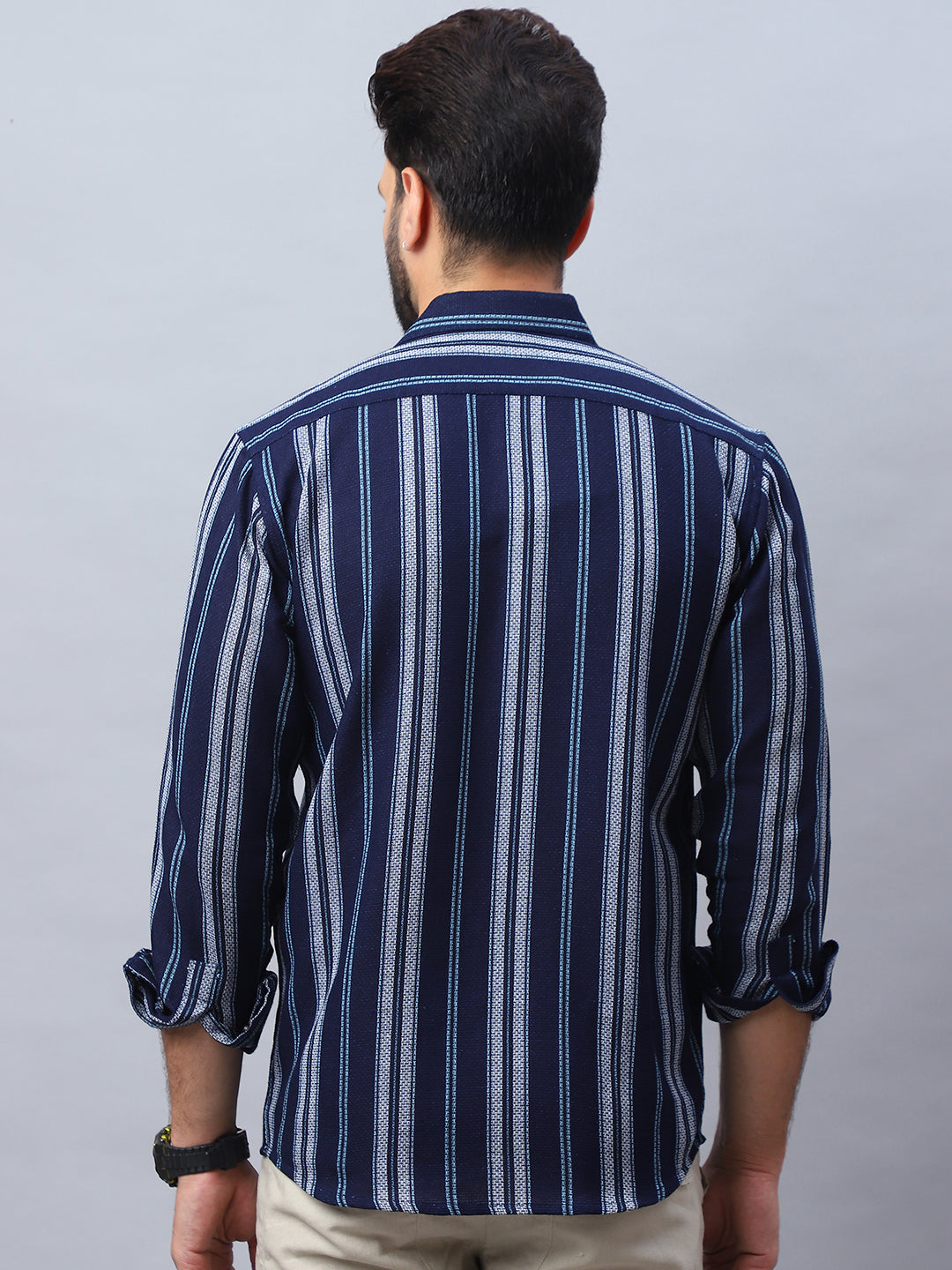 Striped Cotton Mens Shirt - Navy Casual Style, Long Sleeve