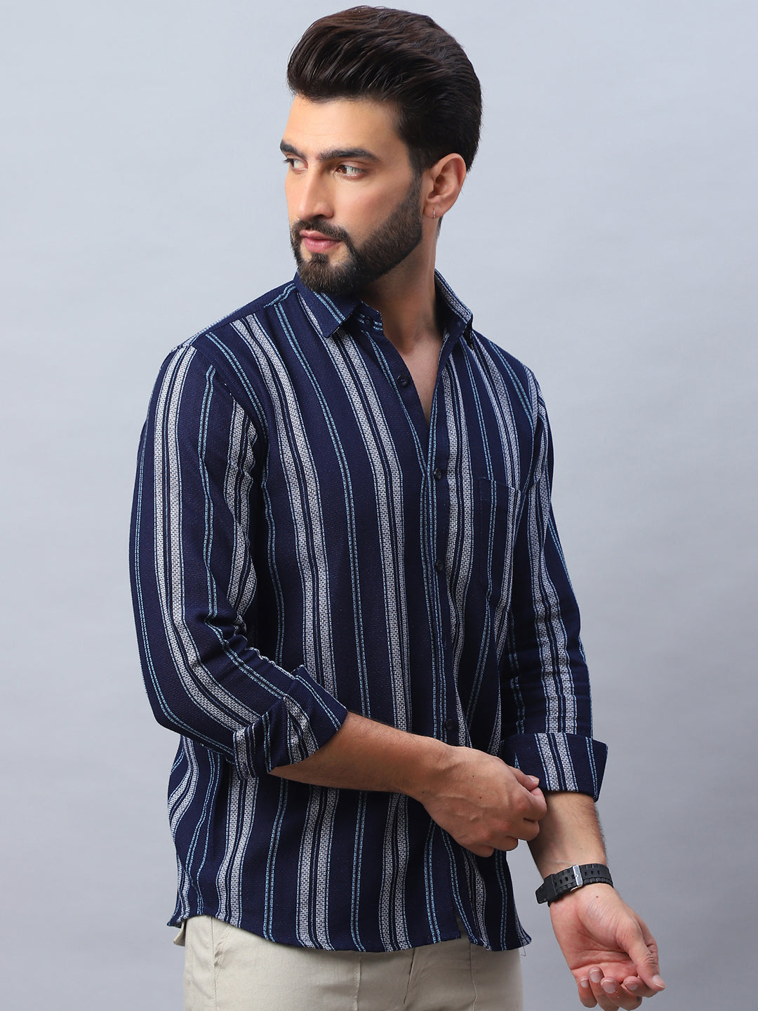 Striped Cotton Mens Shirt - Navy Casual Style, Long Sleeve