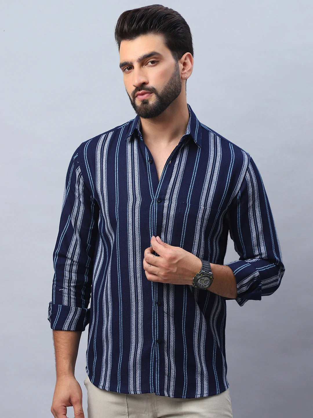 Striped Cotton Mens Shirt - Navy Casual Style, Long Sleeve