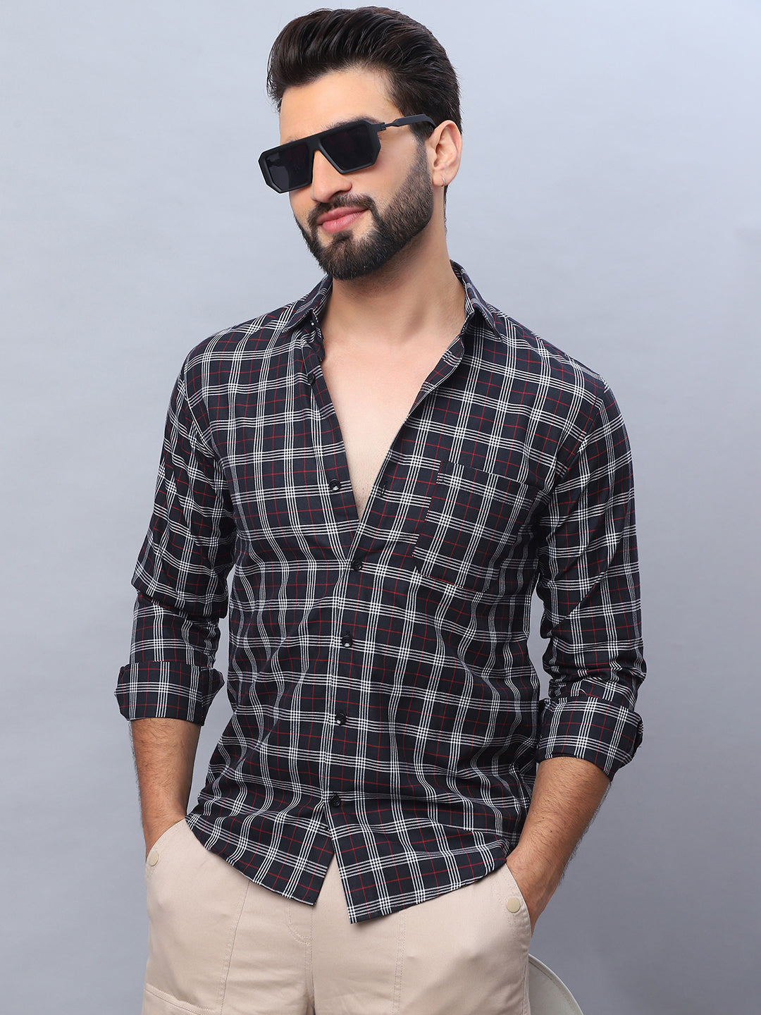 Black Checked Cotton Shirt - Mens Formal Shirt, Long Sleeve