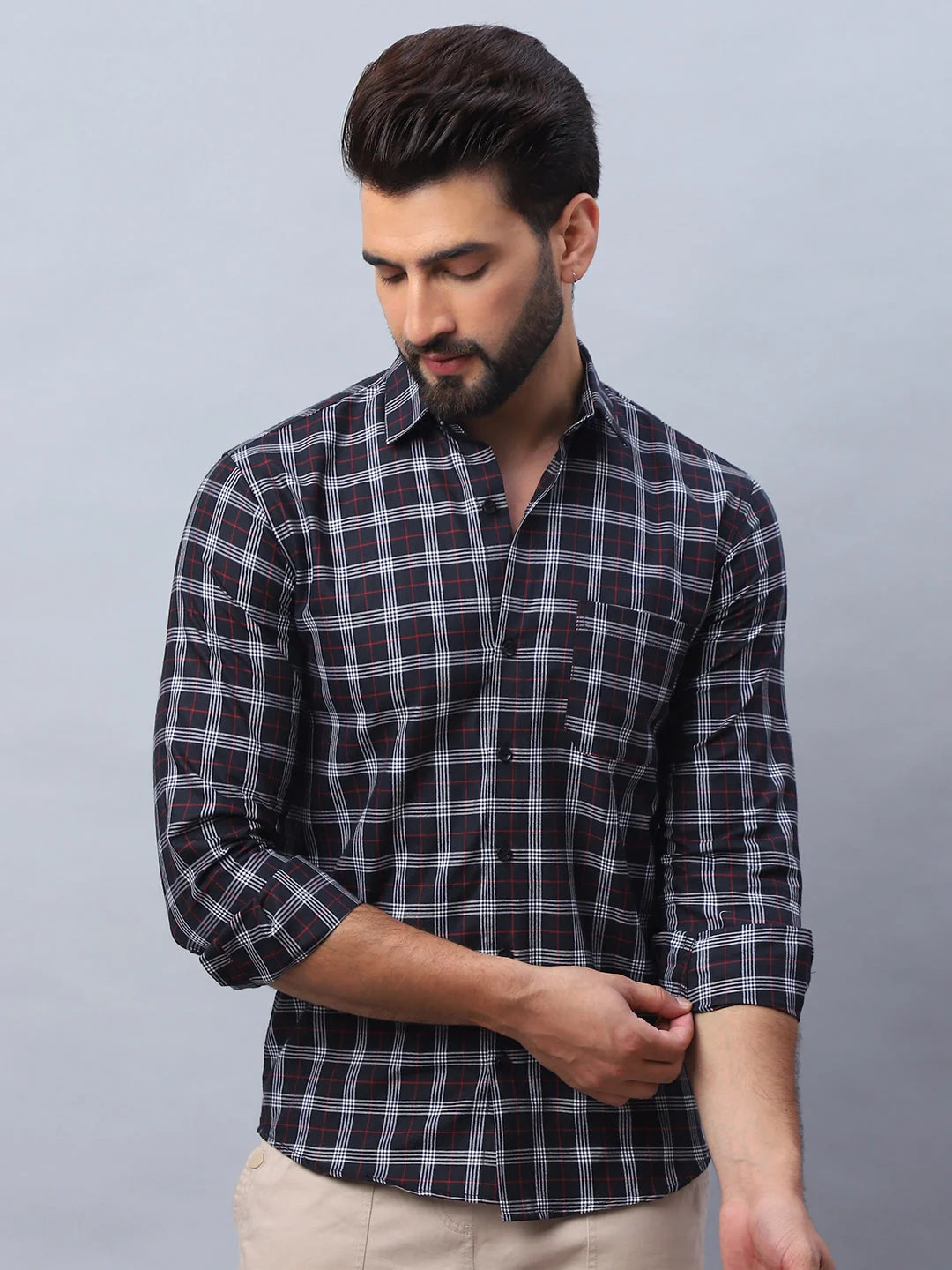 Black Checked Cotton Shirt - Mens Formal Shirt, Long Sleeve