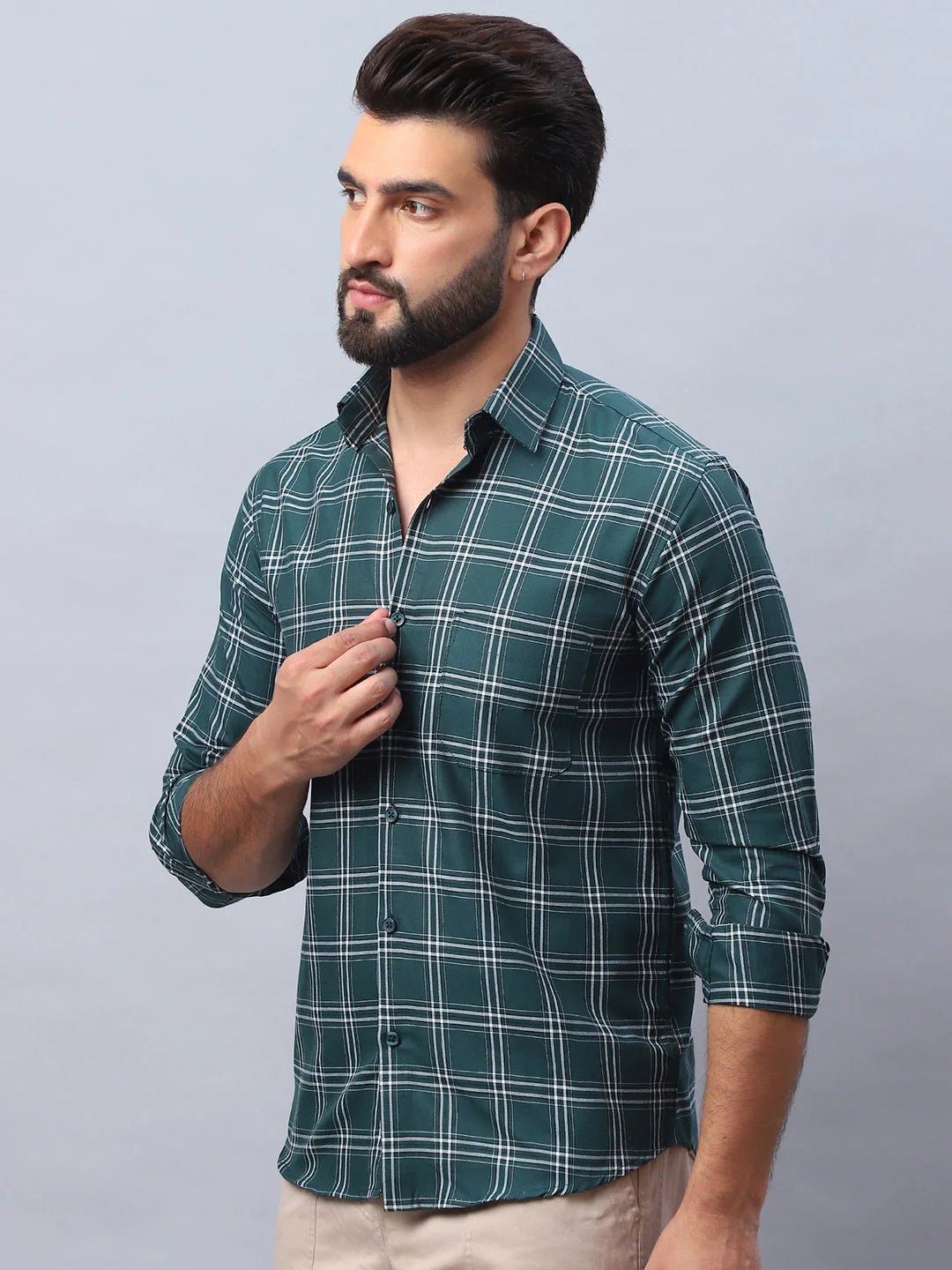 Green Checked Cotton Shirt - Casual Mens Shirt for Everyday