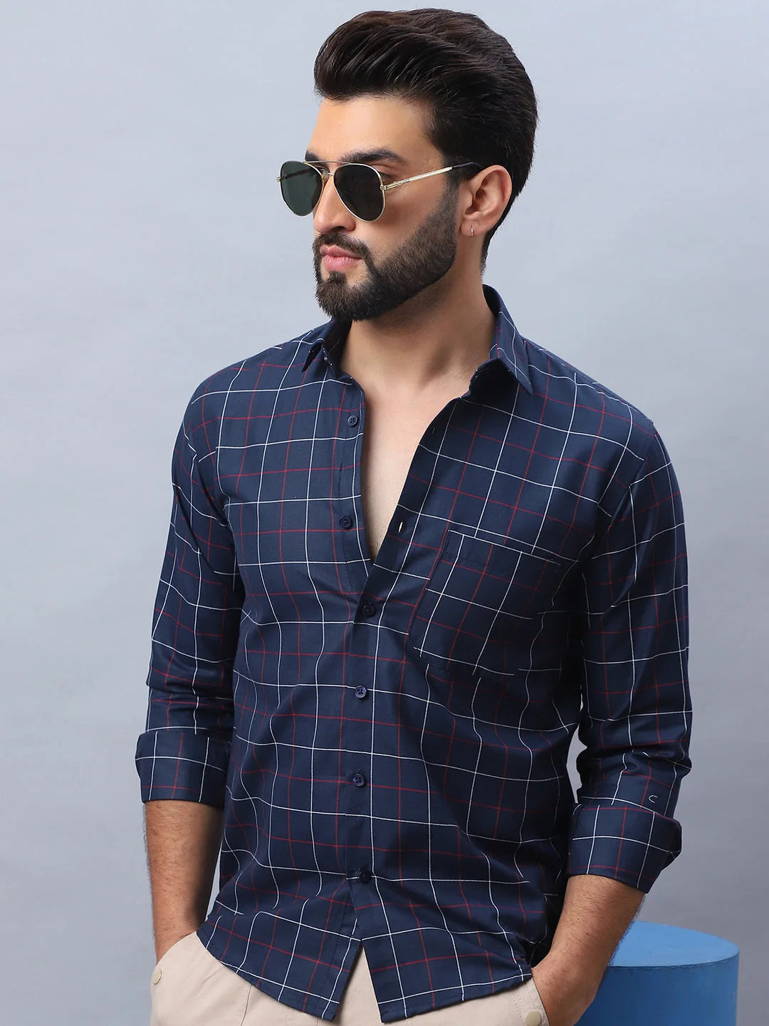 Navy Checked Cotton Shirt - Mens Shirt, Casual Style