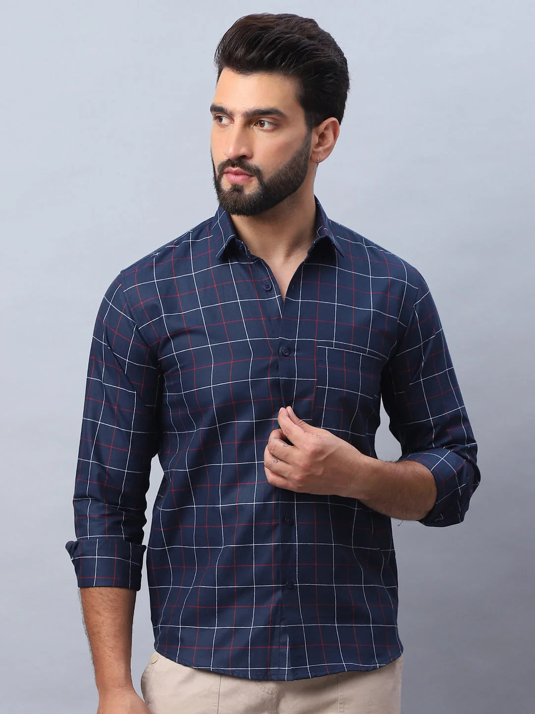 Navy Checked Cotton Shirt - Mens Shirt, Casual Style