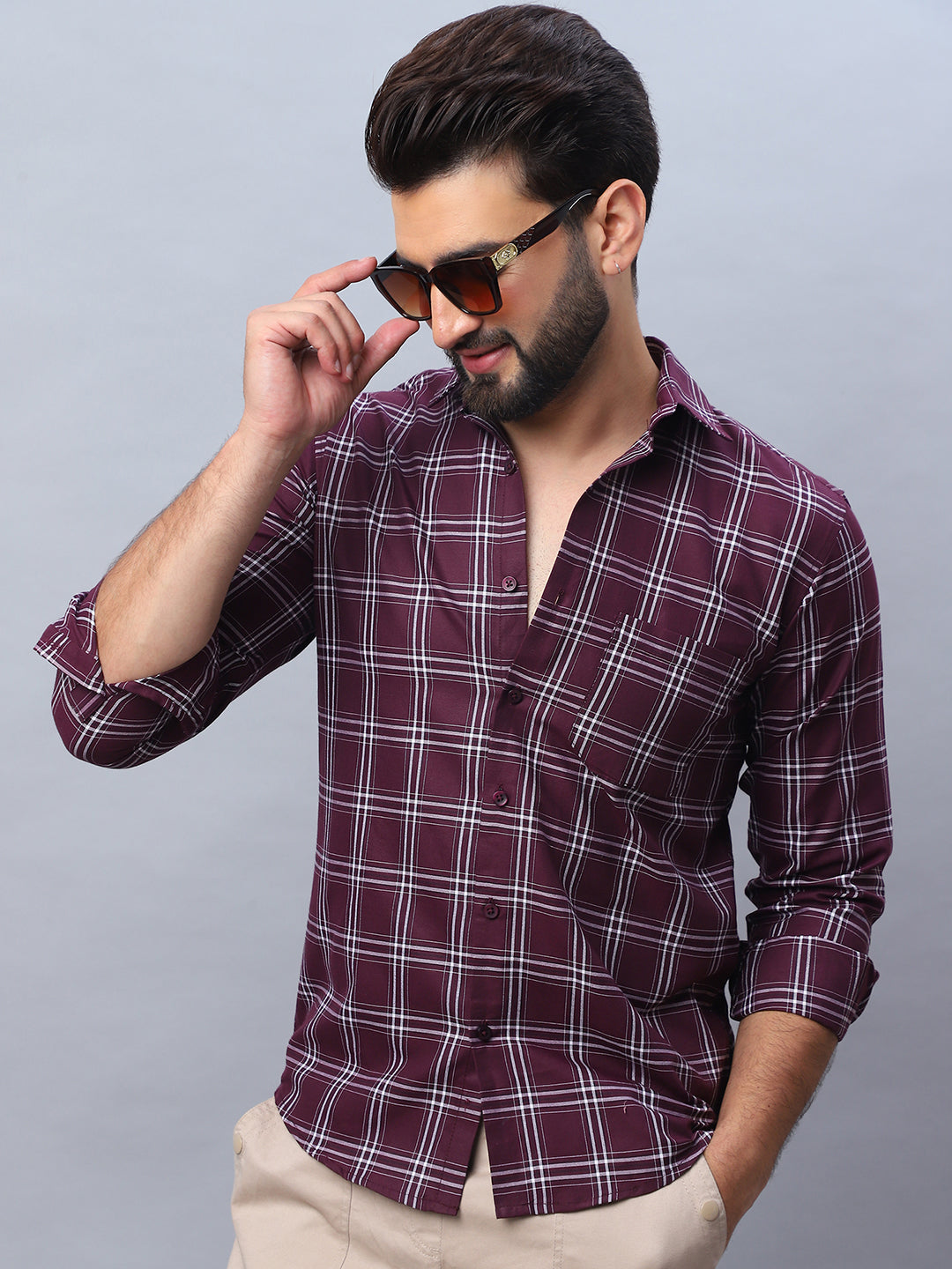 Checked Pure Cotton Casual Shirt for Men-SF-989Wine