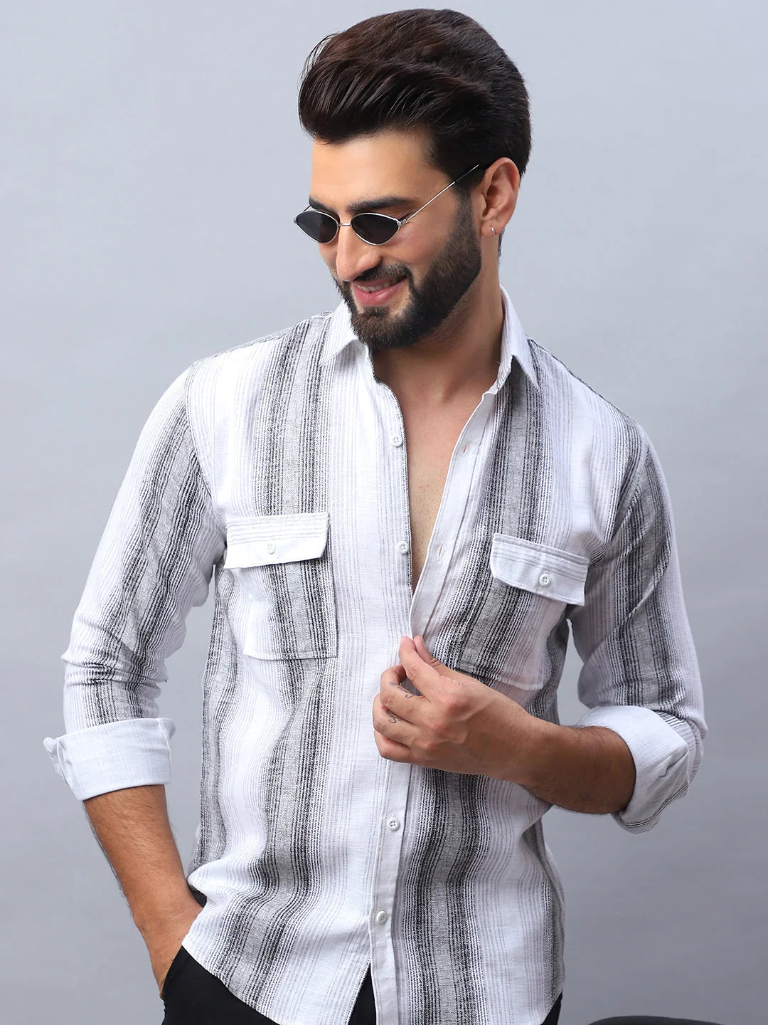 Stylish Grey Striped Cotton Shirt - Long Sleeve Mens Shirt