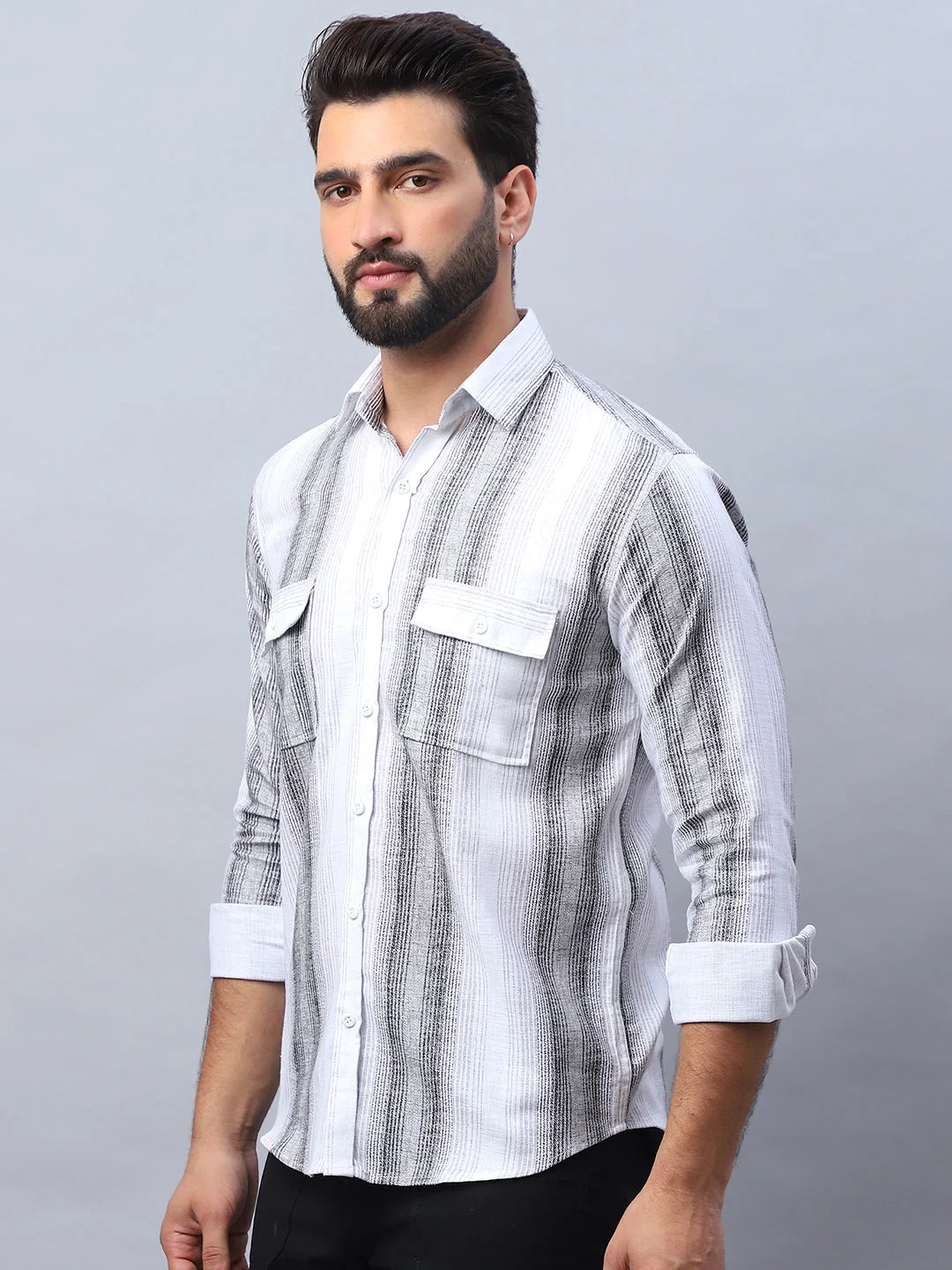 Stylish Grey Striped Cotton Shirt - Long Sleeve Mens Shirt