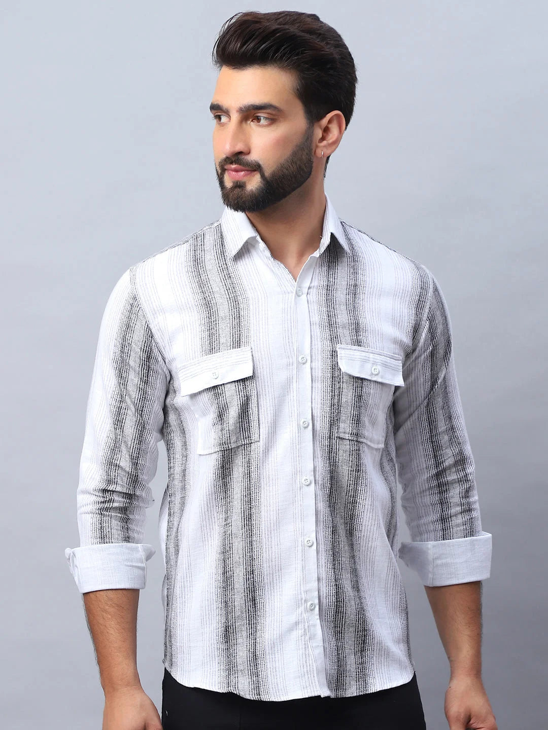 Stylish Grey Striped Cotton Shirt - Long Sleeve Mens Shirt