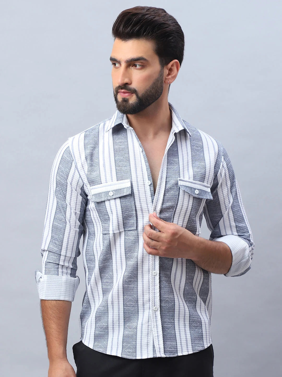 Light Grey Striped Cotton Shirt - Casual Mens Shirt