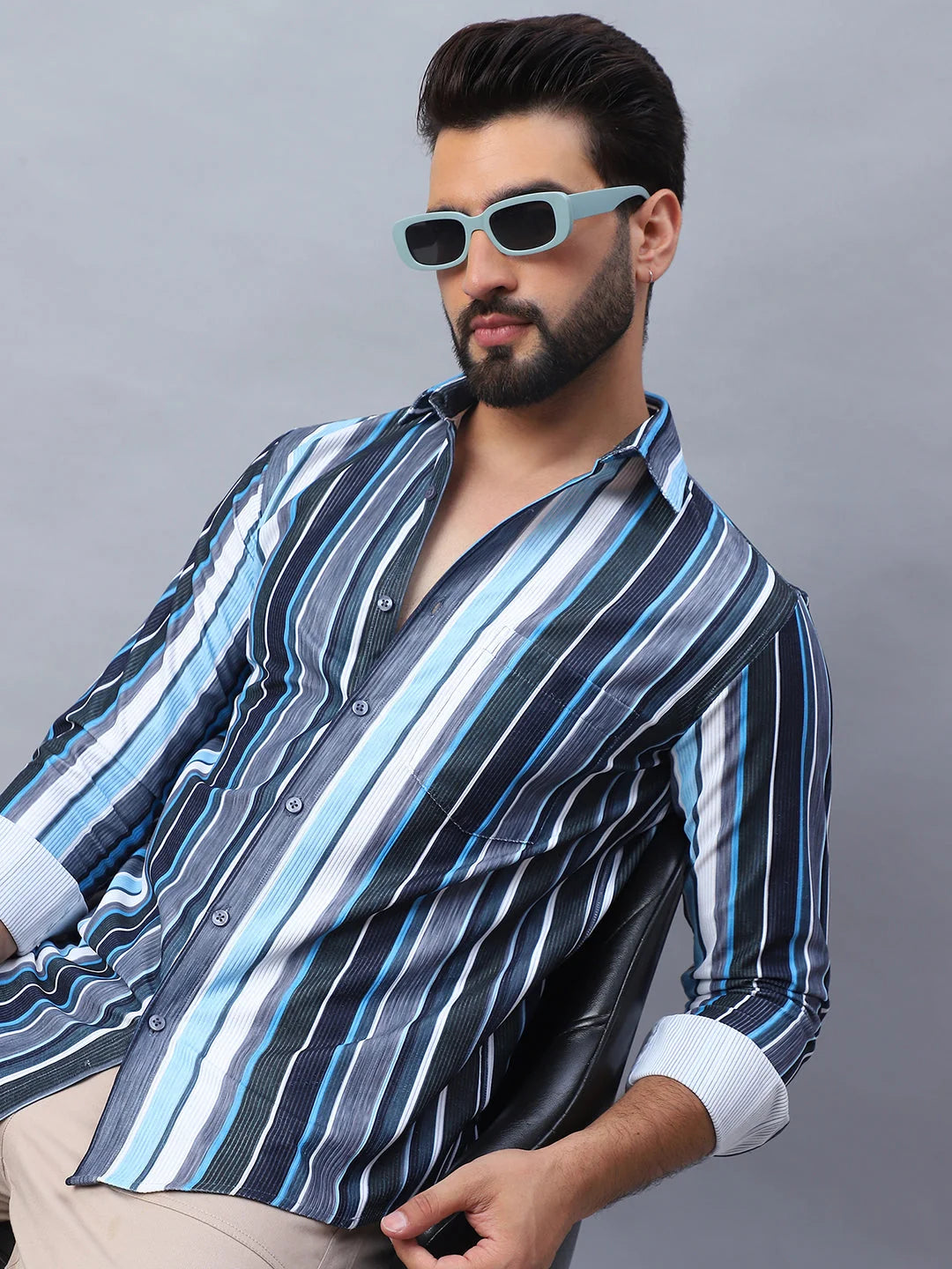 Blue Striped Cotton Mens Shirt - Corduroy Casual Shirt