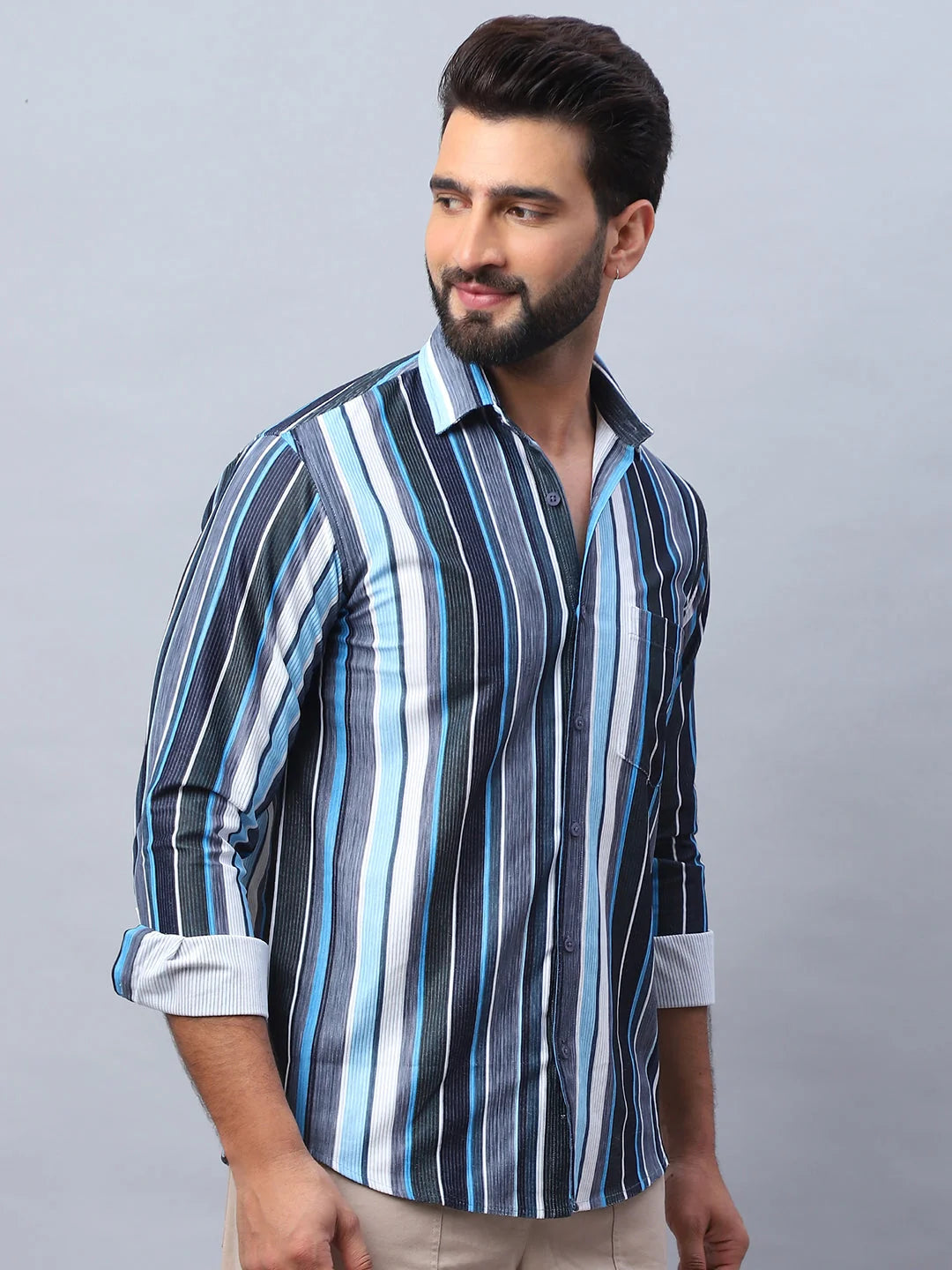 Blue Striped Cotton Mens Shirt - Corduroy Casual Shirt