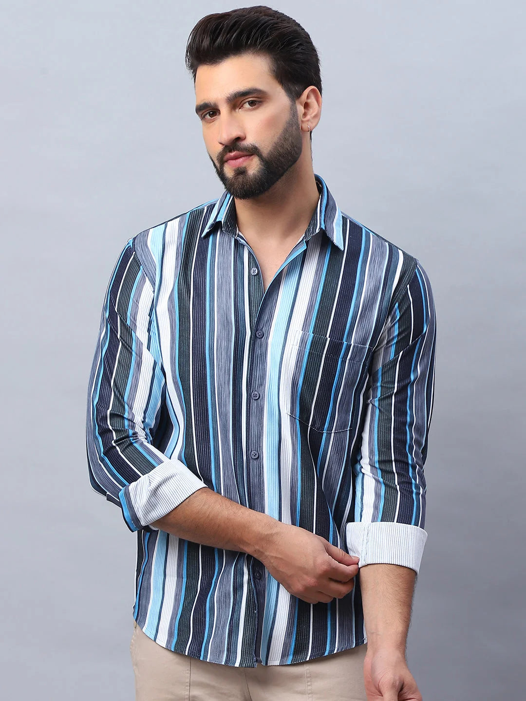Blue Striped Cotton Mens Shirt - Corduroy Casual Shirt