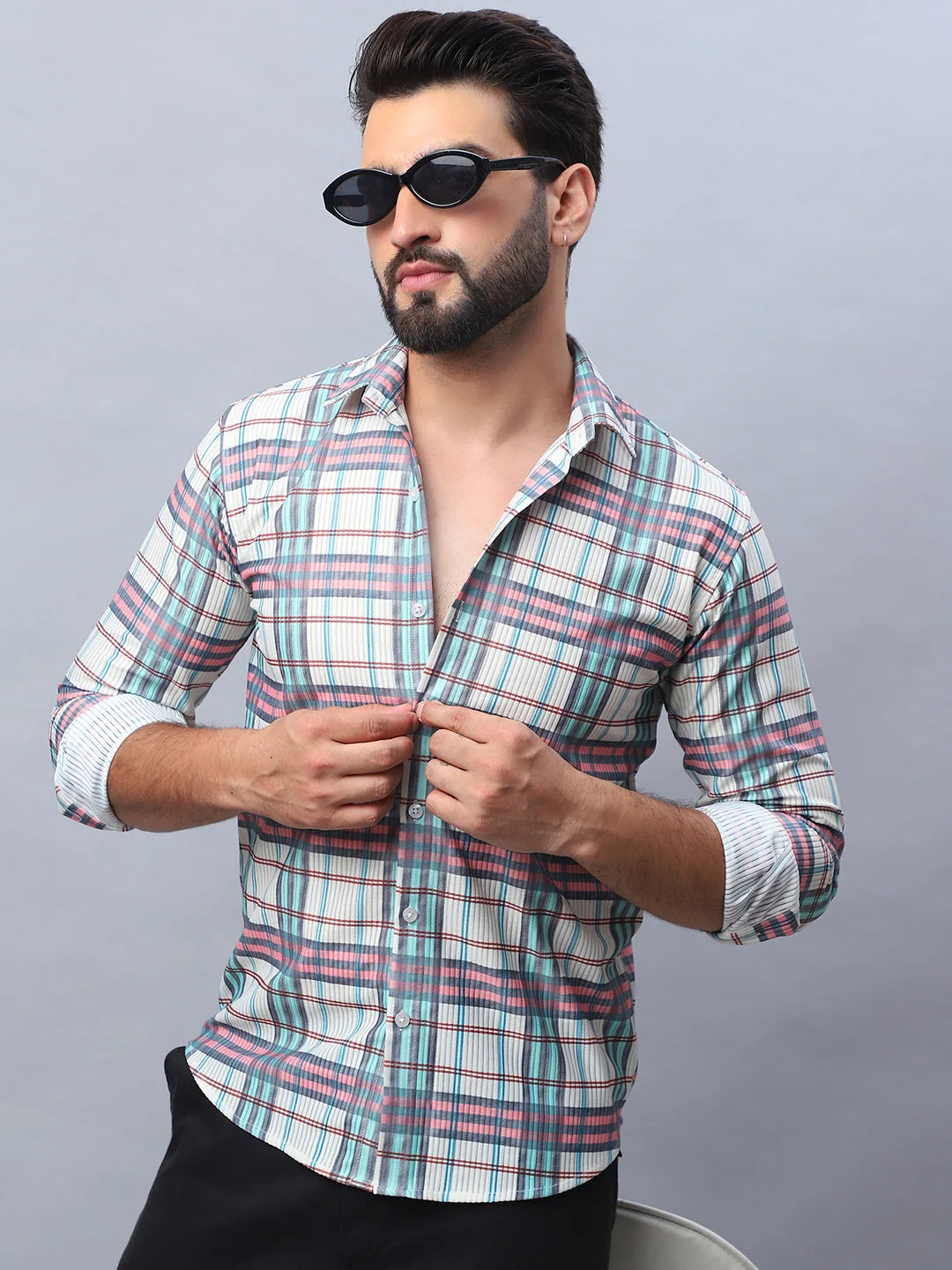 Coral Checked Cotton Mens Shirt - Corduroy Casual Shirt