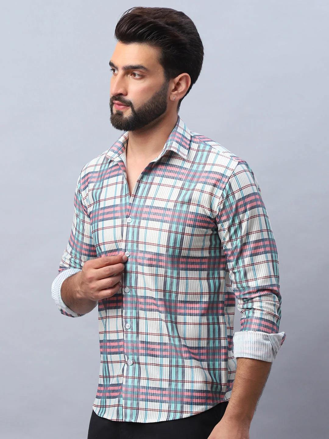 Coral Checked Cotton Mens Shirt - Corduroy Casual Shirt