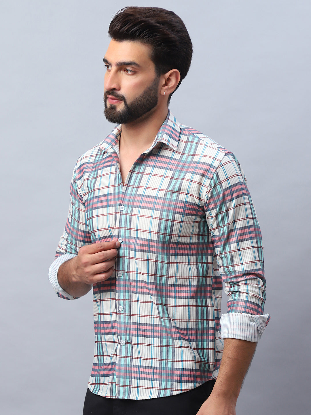 Coral Checked Cotton Mens Shirt - Corduroy Casual Shirt