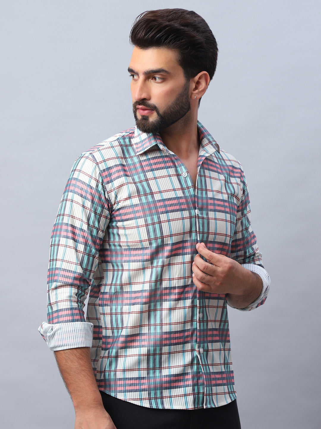 Coral Checked Cotton Mens Shirt - Corduroy Casual Shirt