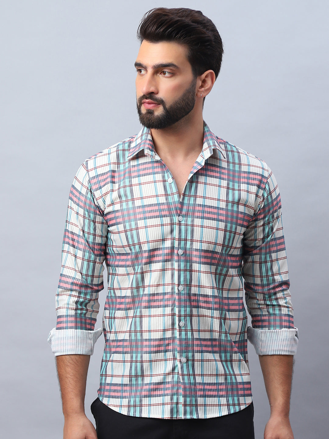 Coral Checked Cotton Mens Shirt - Corduroy Casual Shirt