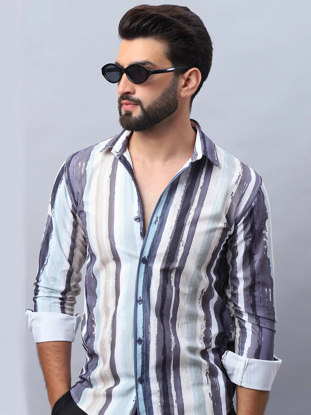 Dark Grey Striped Cotton Mens Shirt - Corduroy Casual Shirt