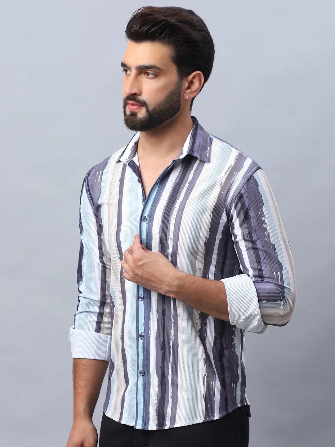 Dark Grey Striped Cotton Mens Shirt - Corduroy Casual Shirt