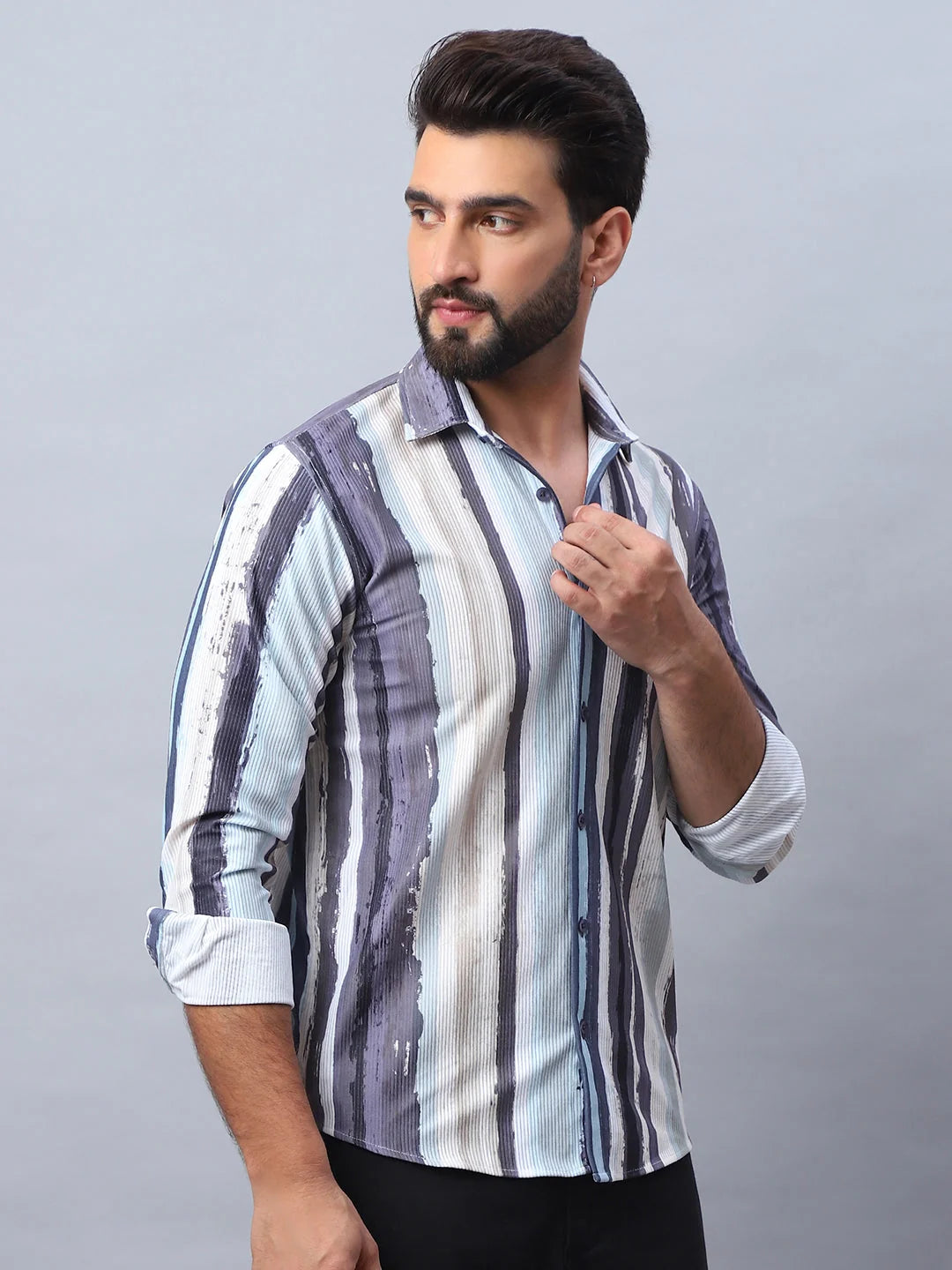 Dark Grey Striped Cotton Mens Shirt - Corduroy Casual Shirt