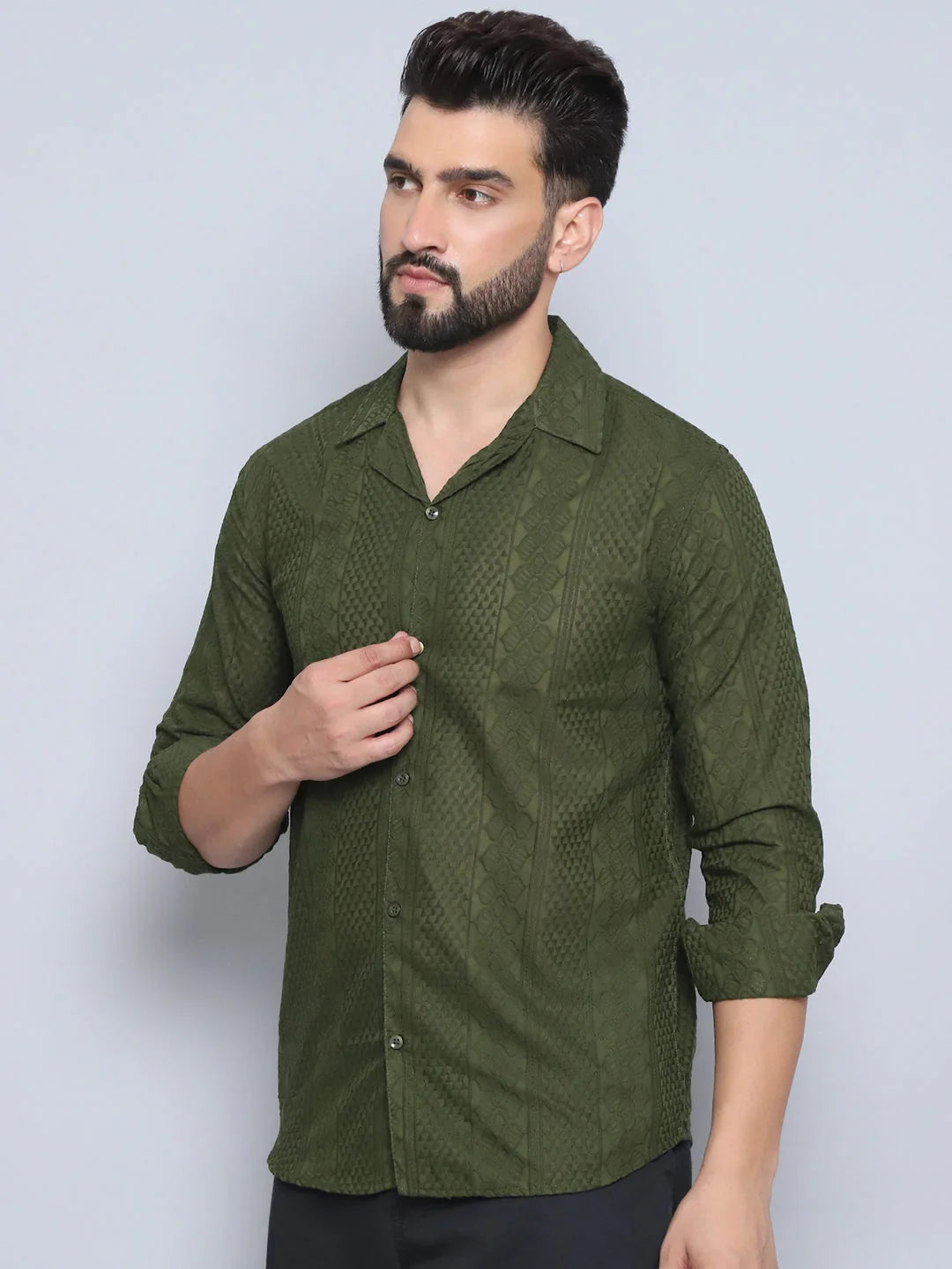 Olive Embroidered Cotton Mens Shirt - Cuban Collar Casual Shirt