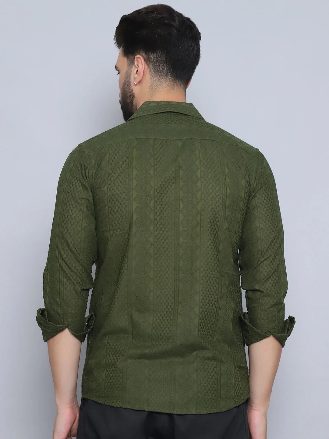 Olive Embroidered Cotton Mens Shirt - Cuban Collar Casual Shirt