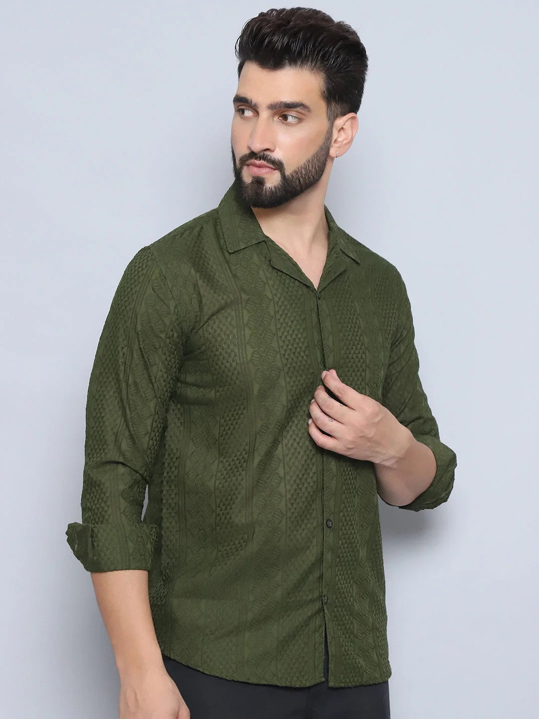 Olive Embroidered Cotton Mens Shirt - Cuban Collar Casual Shirt