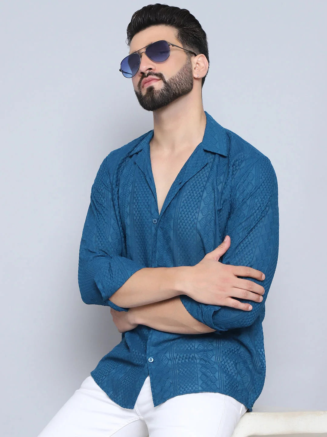 Teal Embroidered Cotton Shirt - Mens Casual Shirt | Style9