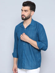Men's Embroidered Cotton Casual Shirt-SF-992Teal