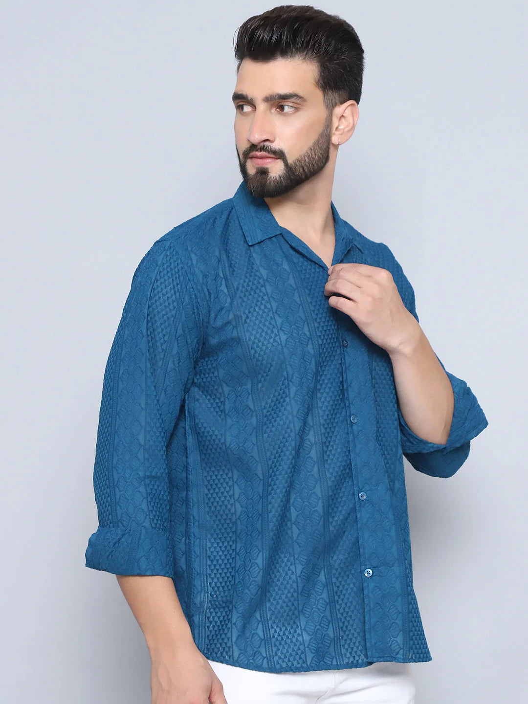 Teal Embroidered Cotton Shirt - Mens Casual Shirt | Style9