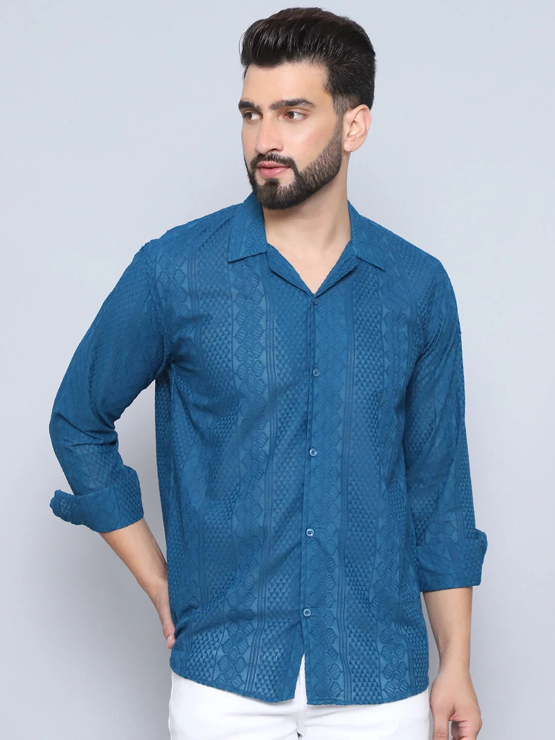 Teal Embroidered Cotton Shirt - Mens Casual Shirt | Style9