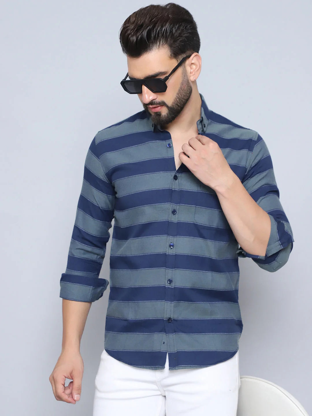 Navy Striped Cotton Shirt - Regular Fit Mens Shirt | Style9