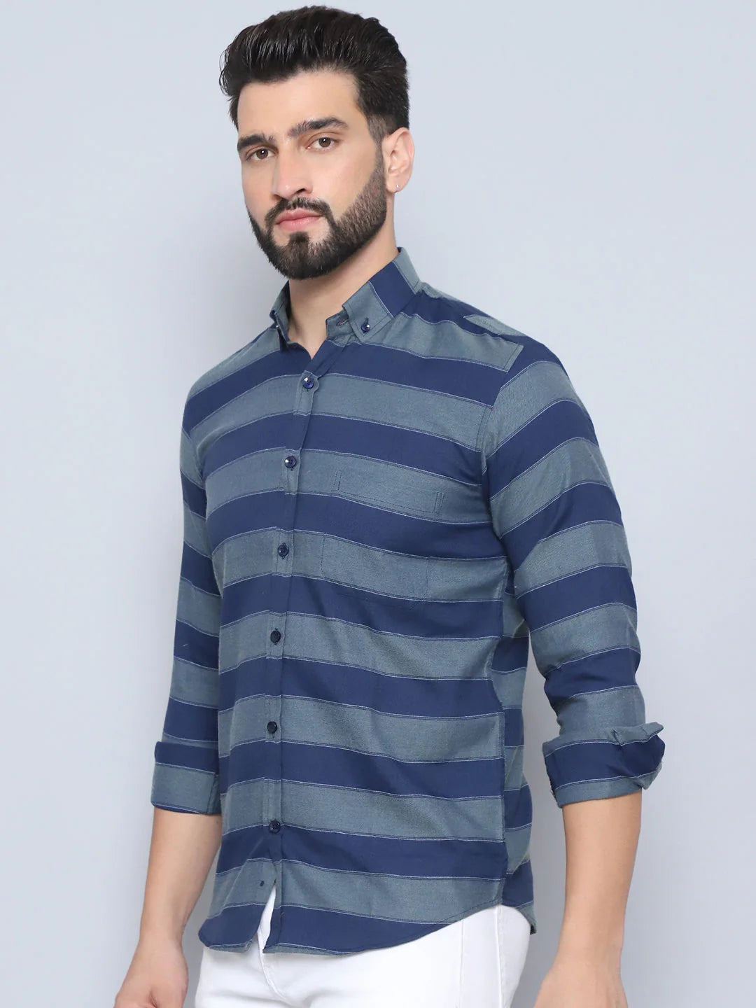 Navy Striped Cotton Shirt - Regular Fit Mens Shirt | Style9