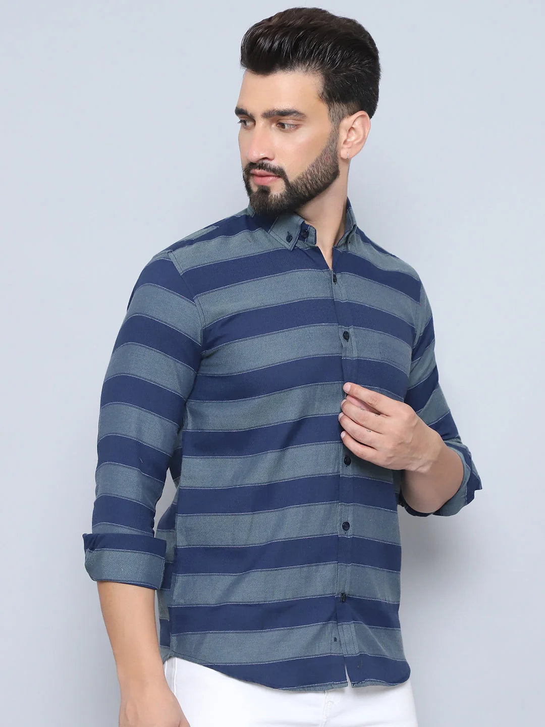Navy Striped Cotton Shirt - Regular Fit Mens Shirt | Style9