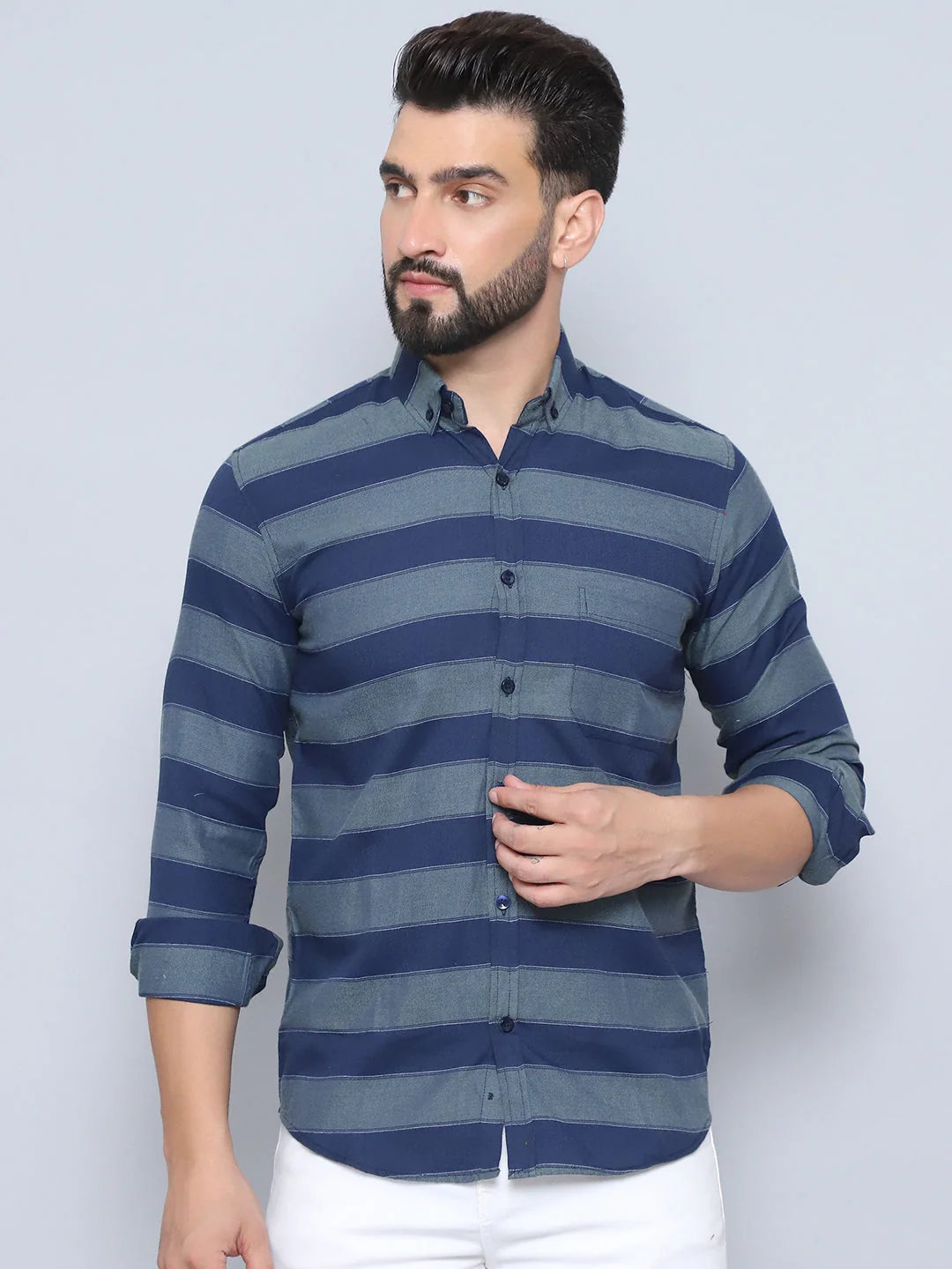 Navy Striped Cotton Shirt - Regular Fit Mens Shirt | Style9