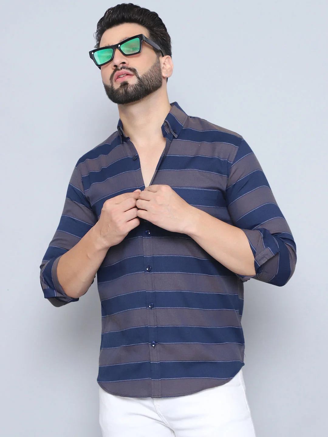 Grey Striped Cotton Shirt - Regular Fit Mens Shirt | Style9