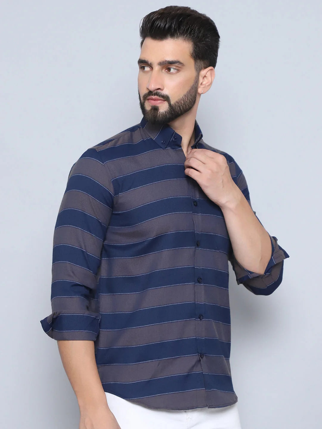 Grey Striped Cotton Shirt - Regular Fit Mens Shirt | Style9