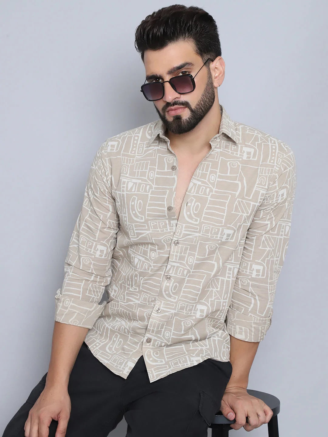 Beige Printed Cotton Shirt - Mens Casual Shirt | Style9
