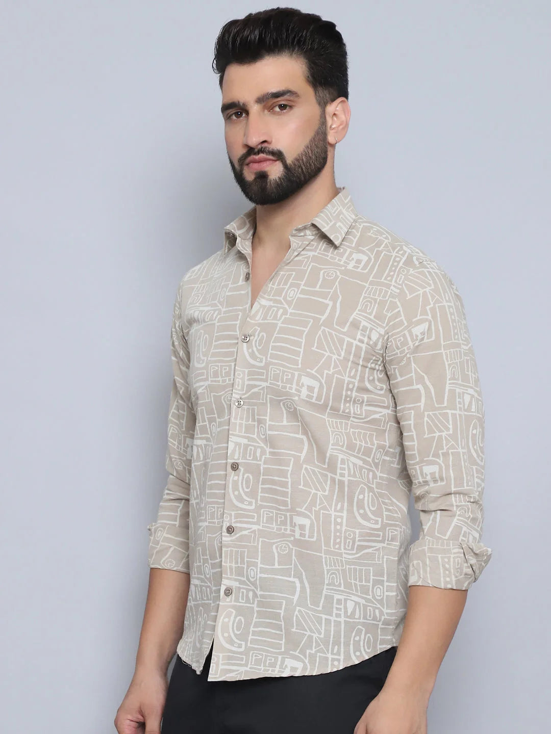 Beige Printed Cotton Shirt - Mens Casual Shirt | Style9
